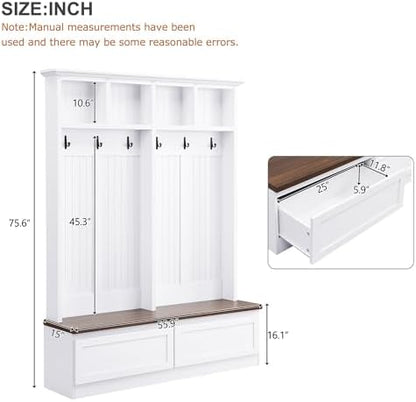 Merax Wood Hall Tree Entryway Bench with 6 Hooks, Farmhouse Mudroom Versatile Coat Racks with 2 Large Drawers Entrance Organizer for Hallway White