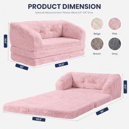 Convertible Folding Sofa Bed, 2 in 1 Portable Floor Couch & Foam Mattress with Handle, Space-Saving Faux Fur Futon Chair for Living Room, Bedroom, Guest Room (Loveseat, Pink)