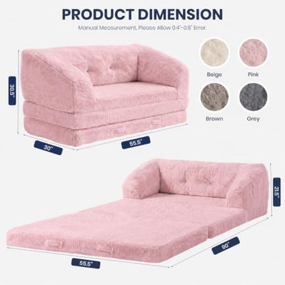 Convertible Folding Sofa Bed, 2 in 1 Portable Floor Couch & Foam Mattress with Handle, Space-Saving Faux Fur Futon Chair for Living Room, Bedroom, Guest Room (Loveseat, Pink)