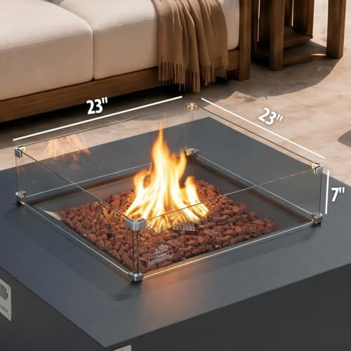 AMS Fireplace 23” Square Clear Tempered Glass Wind Guard for Fire Pit Table