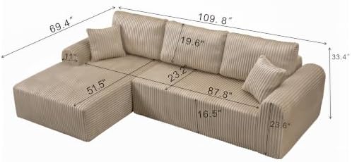 109" Camel Oversized Sectional Boneless Deep Seat Couch. Left Face Chaise