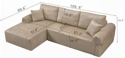109" Camel Oversized Sectional Boneless Deep Seat Couch. Left Face Chaise