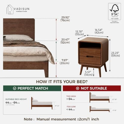 Walnut Nightstand Solid Wood Night Stand, Dark Wood Nightstands with 2 Drawers & Open Shelf, Mid Century Modern Nightstand, Wooden Bedside Table for Bedroom(Dark Black Walnut,23.23" H)