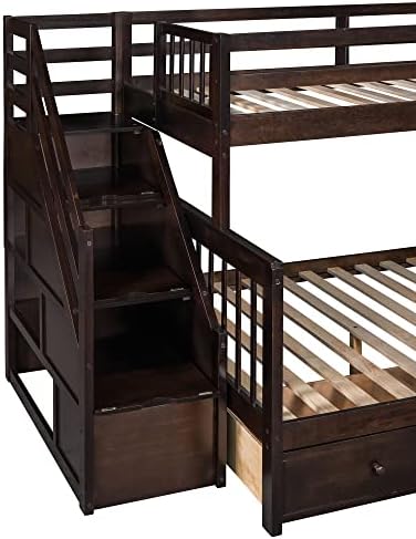 Wood L-Shaped Bunk Bed with Loft Bed Attached for 3 Kids,Twin Over Full Corner Bunk Beds with 3 Drawers, Ladder and Staircase,No Box Spring Needed (Espresso/L+A)