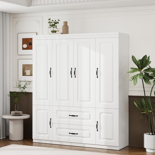 Large Capacity Wardrobe Closet with 2 Drawers White