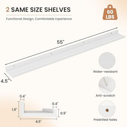 Dreamland Picture Ledge Shelf for Wall, Floating Shelves Set of 2,55 inch Long Floating Shelves with Lip for Living Room,Bedroom,Bathroom,Kitchen,White