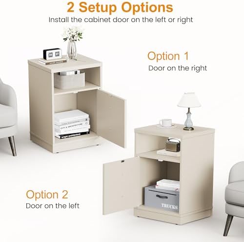 RoyalCraft Beige Nightstand Set of 2, Small End Table with Storage Shelf and Door, Faux Two-Drawer Design Side Table, Modern Night Stand for Bedroom Dorm, Wood Beside Table for Small Spaces