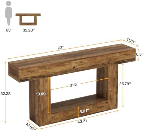 Tribesigns 63" Console Table, Farmhouse 2-Tier Entryway Table with U-Shaped Base, Narrow Long Sofa Table Behind Couch Table for Living Room, Hallway, Foyer, Vintage Brown
