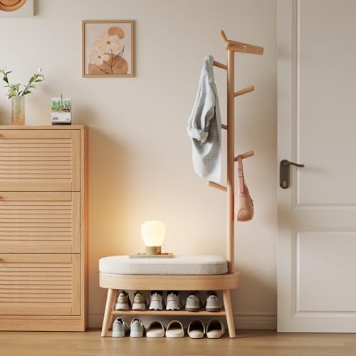 AQIMUELE Shoe Bench with Coat Rack, Shoe Rack with 9 Hooks, Natural
