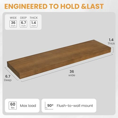 Wood Floating Shelves Set of 2, Rustic Pine Wood Floating Shelves for Wall Mounting, Wide Wall Shelf for Home Decor and Storage, 36" W x 7" D, Light Walnut