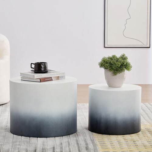 18.9" Gradient Color Nesting Coffee Table Set of 2 for Living Room, Modern Round Coffee Tables Accent Circle Tea Table Set for Small Space, No Assembling, White + Blue