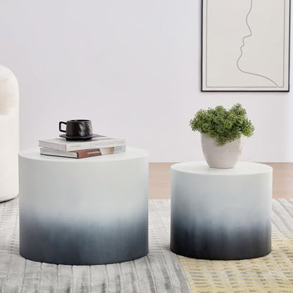 18.9" Gradient Color Nesting Coffee Table Set of 2 for Living Room, Modern Round Coffee Tables Accent Circle Tea Table Set for Small Space, No Assembling, White + Blue