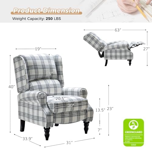 HULALA HOME Upholstered Wingback Recliner Chair, Small Adjustable Footrest Push Back Single Reclining Sofa, Mid Century Modern Lounge Armchair for Living Room, Bedroom, Reading/Plaid Black