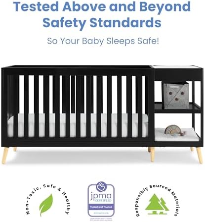 Delta Children Essex 4-in-1 Convertible Crib and Changer, Black Ebony w/Natural Knobs Twinkle Galaxy Dual Sided Recycled Fiber Core Crib and Toddler Mattress (Bundle)