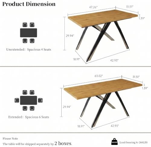 47-63in Extendable Dining Table for 4-6 People, Oak