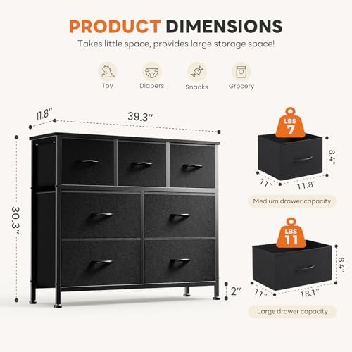 Sweetcrispy 7 Drawer Black Fabric Dresser for Bedroom, Closet Organizer