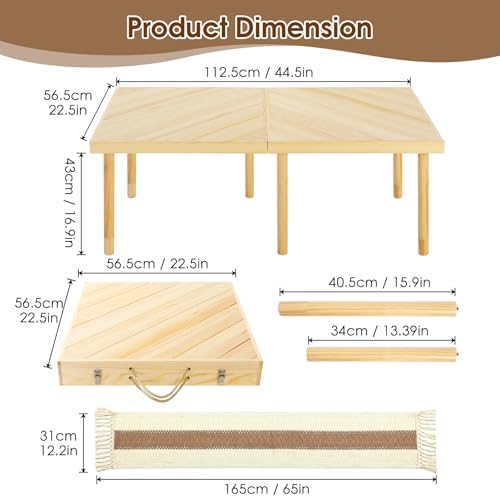 Folding Picnic Table with Table Runner, Portable Boho Low Picnic Table for Indoor Outdoor, 44" x 22" Wooden Table with Adjustable Heights for Camping, Wedding, Beach, Garden, Party(Small Size for 4)