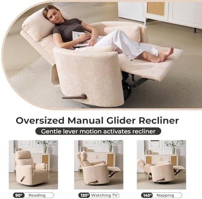 Oversized Swivel Rocker Recliner Chair with Massage and Heat, Manual Swivel Glider Rocker Recliner with 2 Bolster Pillows, Rocking Nursery Chair with Storage Ottoman , Adjustable Headrest, Beige