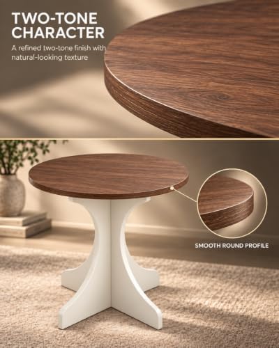 24in Modern Round Side Table Accent End Table Coffee Table with Walnut Wood Grain Tabletop & White Curved Base for Living Room Bedroom Sofa Corner, Pedestal Nightstand for Indoor/Outdoor