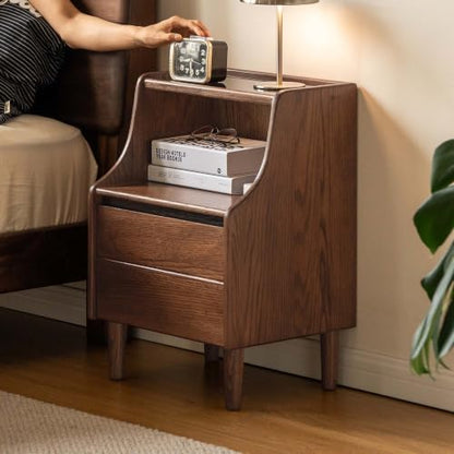 Solid Oak Wood Nightstand Drawer Open Storage Walnut Bedside Table