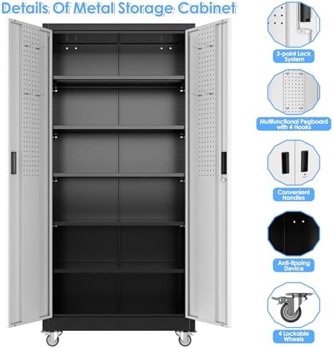 Metal Garage Storage Cabinets with Wheels,5 Adjustable Shelves 71"X34"X18"