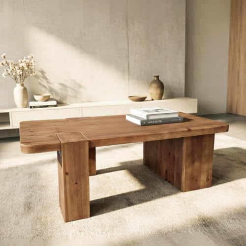 Rectangle Coffee Table with Thick Block Wooden Legs Rustic Center Table