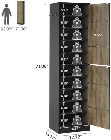 10-Tier Shoe Cabinet with Slipper Rack, Brown/Black