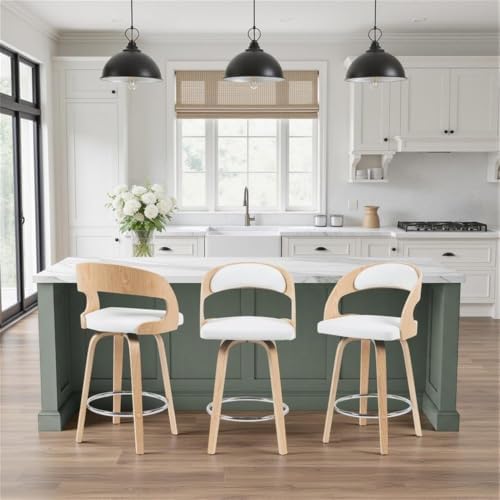 Shelly Modern Counter Height Swivel Bar Stool in Patterned Oak Finish with White Faux Leather Upholstered Seat Set of 4