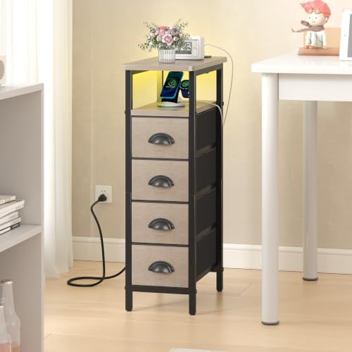 sthmec Nightstand Set 2 with Charging Station, Narrow End Table Set of 2 with 4 Drawers, LED Side Table with Fabric Drawers,Slim Sofa Couch Tables for Small Spaces Bedroom, Grey