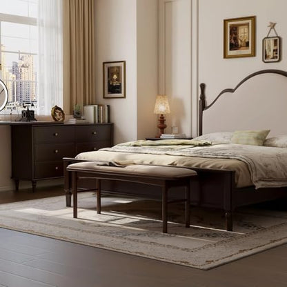 47.2'' Leather Upholstered Dining Bench with 100% Solid Oak Wood Bench Frame, Padded Bed End Bench Ottoman for Kitchen Living Room Bedroom Entryway, Champagne