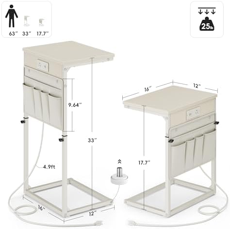 Vagusicc C-Shaped End Table with Charging Station, Small Side Table for Couch, 33" Tall C Table Adjustable Height Side Table, Couch Tables that Slide Under, Sofa Table TV Tray for Living Room, Cream