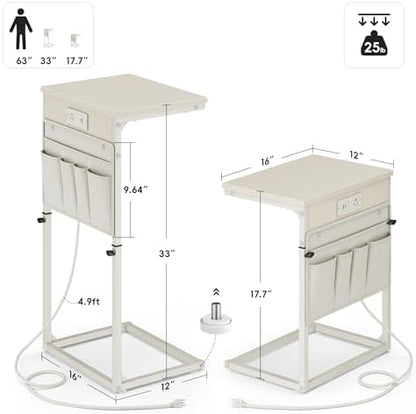 Vagusicc C-Shaped End Table with Charging Station, Small Side Table for Couch, 33" Tall C Table Adjustable Height Side Table, Couch Tables that Slide Under, Sofa Table TV Tray for Living Room, Cream