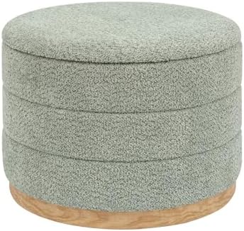 Round Storage Ottoman with Tray, Wood Grain Leather