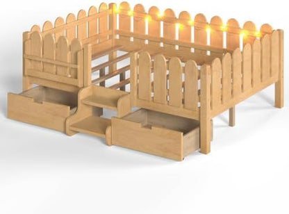 Bellemave Full Size Platform Bed with Storage Drawers & Bookshelf for Boys Girls, Kids Full Bed Frame with LED Lights & Stairs for Children's Room, Natural