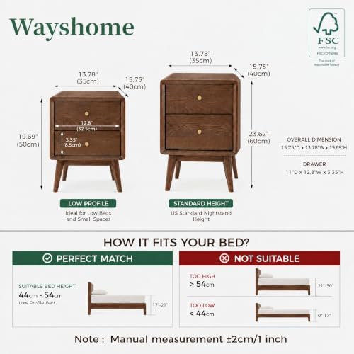 100% Solid Oak Wood Night Stand Set 2, Walnut Nightstand with 2 Drawers, Mid Century Modern Nightstands, Small Bedside Table for Bedroom(19.69" H)