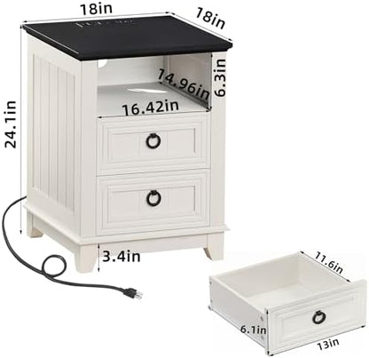Joaxswe 18" Farmhouse Night Stand Set 2 with Charger Station & 2 Drawers