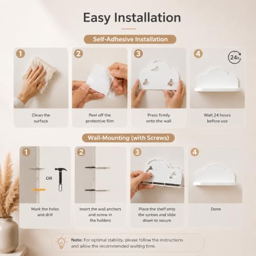Small Floating Shelves Mini Cloud Shelves Hanging Display Wall Shelf for Bathroom Livingroom Bedroom,3 Pack,with 2 Types of Installation,White