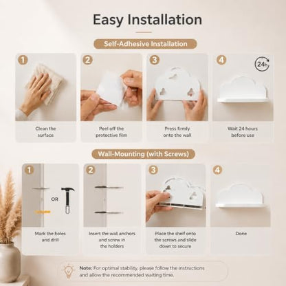 Small Floating Shelves Mini Cloud Shelves Hanging Display Wall Shelf for Bathroom Livingroom Bedroom,3 Pack,with 2 Types of Installation,White