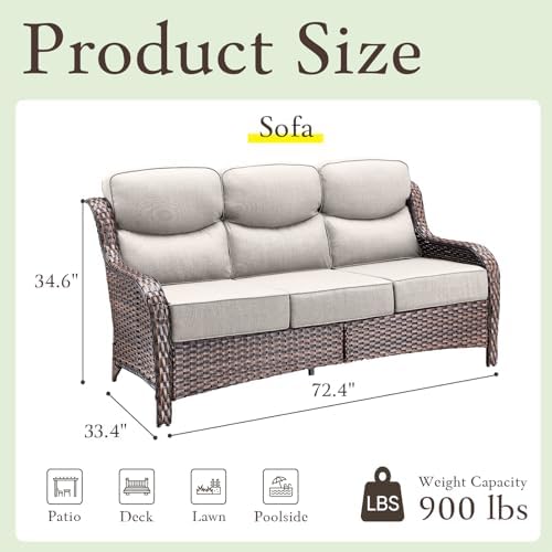 Wicker Patio Sofa with 6" Thick Cushions, All-Weather Outdoor Rattan Couch with High Backrest and Deep Seat, Outdoor Patio Sofas for Porch, Yard, Garden, Brown/Beige