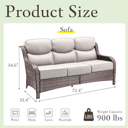 Wicker Patio Sofa with 6" Thick Cushions, All-Weather Outdoor Rattan Couch with High Backrest and Deep Seat, Outdoor Patio Sofas for Porch, Yard, Garden, Brown/Beige