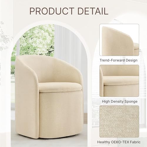 KISLOT Upholstered Dining Chairs with Casters, No Assembly Rolling Modern Dining Room Chairs with Hidden Storage & Barrel Backrest, Accent Chair for Bedroom, Living Room, Dressing, Sand, Set of 4
