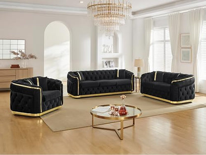 3-Piece Luxury Chesterfield Sofa Set with 1 Oversized Velvet 3-Seater Sofa & 1 Loveseat & 1 Single Sofa, 6-Seater Couch Set with 6 Pillow and Gold Stainless Decoration, for Living Room, Black