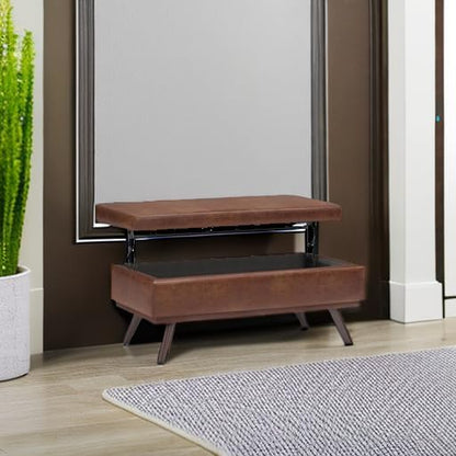 SIMPLIHOME Owen Lift Top Coffee Table Storage Ottoman - 42 inch Wide Upholstered Vegan Leather Rectangular Lift-Top Ottoman in Distressed Saddle Brown, Mid-Century Modern Ottoman for Living Room
