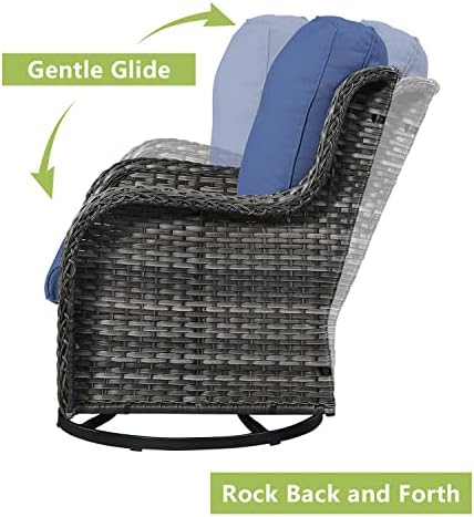 Rilyson Luxury 4 Pieces Patio Wicker Furniture Set, Outdoor Rattan Bistro Set with Rocking Swivel Chair, Ottoman and Thickened Cushions (Grey/Blue)