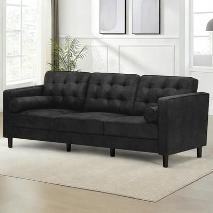84" Suede Leather Modern Sofa with Bolster Pillows, Black