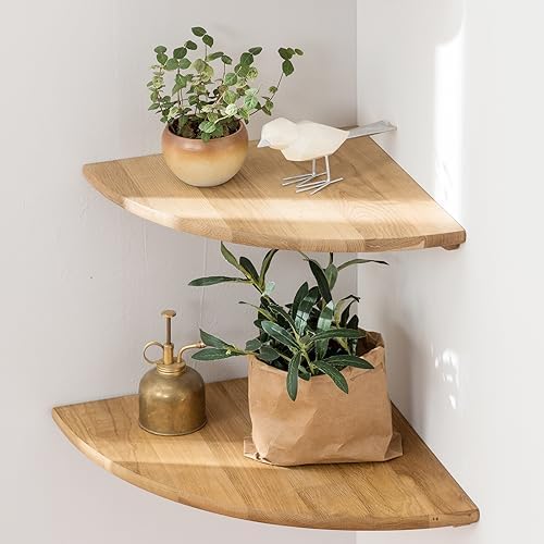 Corner Shelves, Floating Corner Shelf, Set of 2 10inch Solid Oak Wood Corner Wall Shelves, Round End Wall Mount Display Shelf with Wire Hole for Bedroom Kitchen, Living Room