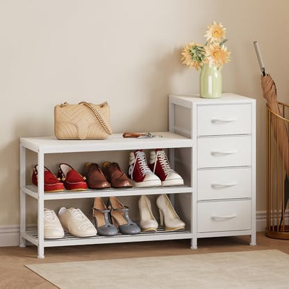 EXOTICA Industrial Shoe Storage Bench with 4 Drawers & Seat, White