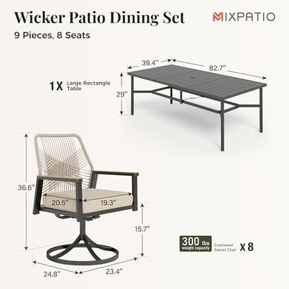 MIXPATIO 9pc Patio Dining Set, 83" Rectangular Metal Table, 8 Swivel Chairs