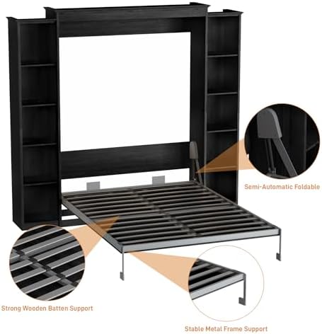 Queen Size Murphy Bed with 2 Storage Cabinet, Farmhouse Wood Hidden Foldable Wall Bed Frame, Space Saving Beds with Shelves, Murphy Bed Queen for Guest Room,Apartment,Office,Bedroom, Black Grey