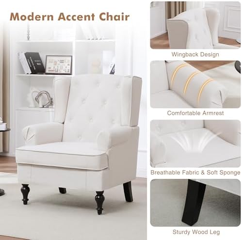 Accent Chair Set of 2, Mid Century Modern Upholstered Armchair, Wingback Chair with Tufted High Back and Solid Legs, Comfy Single Sofa Side Reading Chair for Living Room Bedroom, Beige